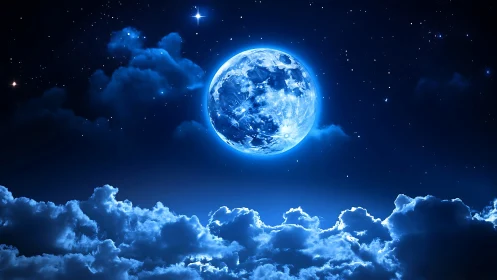 Luminous blue moon rises over glowing nocturnal cloud sea.