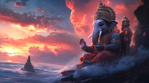 Ganesh deity rendered in high-detail digital painting at sunset