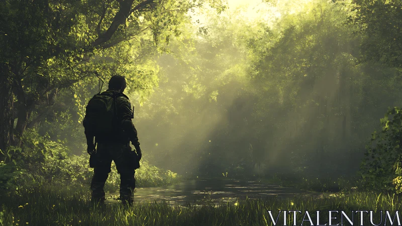 Solitary explorer stands in mist-laden forest corridor with luminous canopy.
