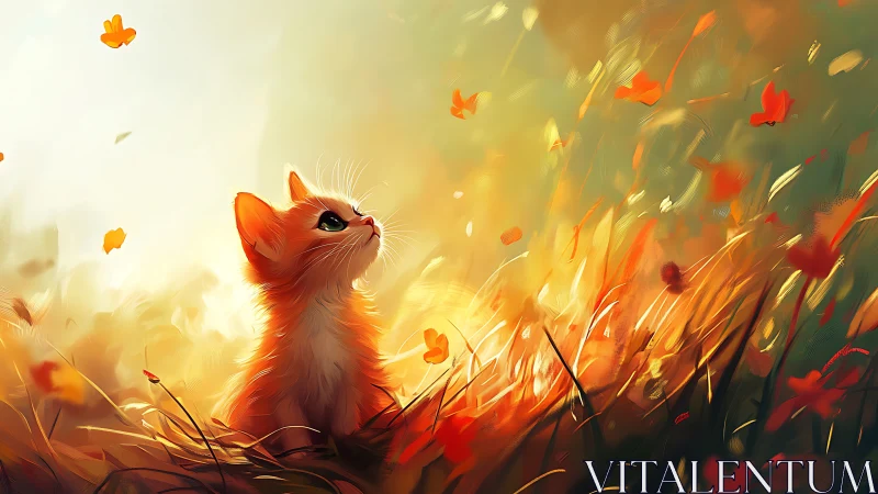 Red Cat in Autumn Field with Butterflies.