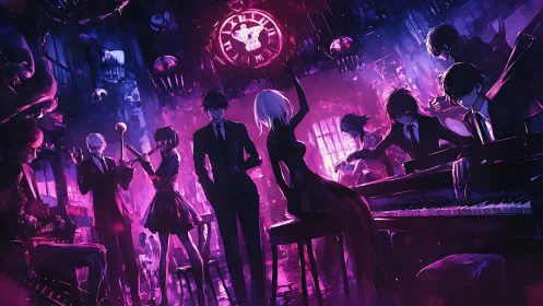 Neon-lit masked orchestra performs in a haunting clock hall.