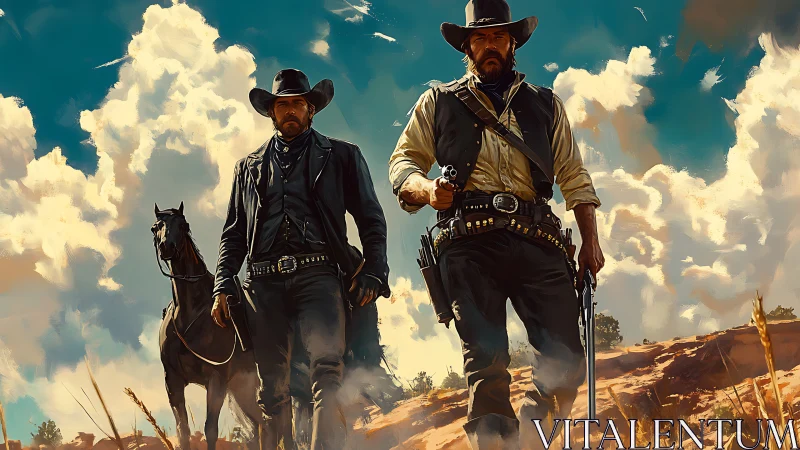 Grit-scarred gunslingers stride beneath thunderhead skies.