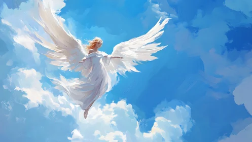 Angel figure with white wings hovers in bright blue sky