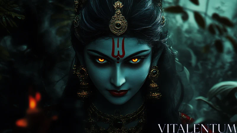 Digital painting portrait of blue-skinned goddess with fiery gaze.