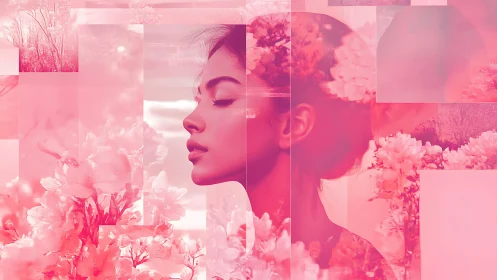 Monochrome magenta double exposure portrait with floral overlays.