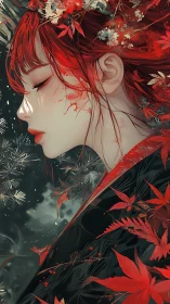 Crimson-haired woman in profile amid abstract maple leaves.