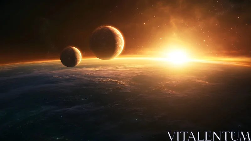 Dual moons over horizon in cinematic space sunrise render.