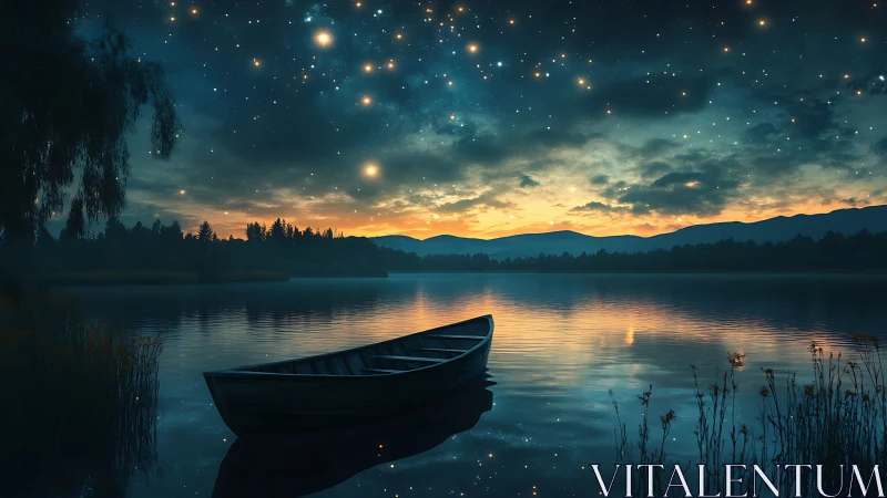 Rowboat on calm lake beneath starry twilight sky.