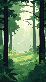 Forest clearing rendered with layered vegetation and atmospheric depth perspective.