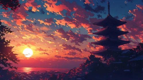 Sunset burns behind silhouetted seaside Japanese pagoda