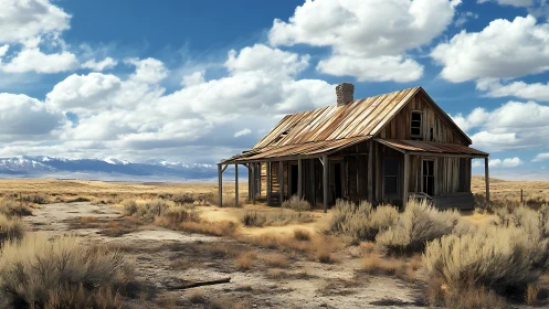 Weathered wooden homestead in arid plain under cumulus sky