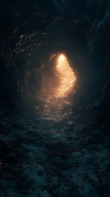 Rock tunnel interior with distant warm exit light source.