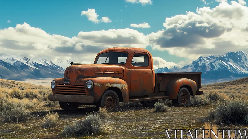 Rusty vintage pickup truck in wide alpine valley landscape.