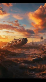 Derelict spacecraft in arid landscape under sunset sky.