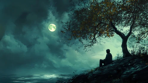 Solitary figure observes full moon above coastal landscape