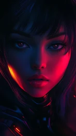 Neon-lit cyber gaze with soft, otherworldly calm.
