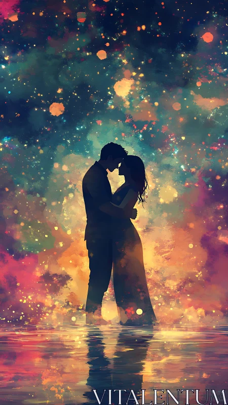 Luminous Silhouettes: Couple Embraced in Cosmic Light.