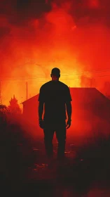 Silhouetted wanderer framed by a glowing crimson blaze.