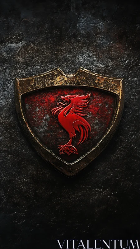 Red phoenix emblem on worn metallic shield crest.