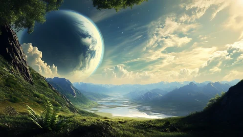 Twin planet above luminous valley and distant mountains.