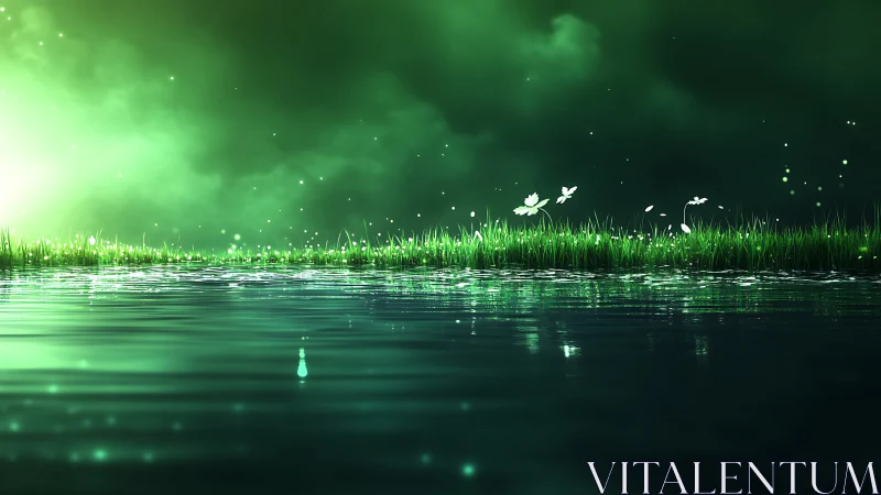 Bioluminescent grass shoreline reflects across tranquil water