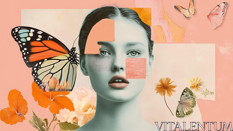 Surreal female portrait merges butterflies with soft coral dreams