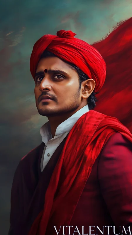 Crimson-turbaned portrait under moody teal sky backdrop.