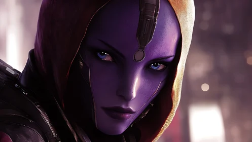 Starlit gaze of a mysterious purple wanderer in armor.