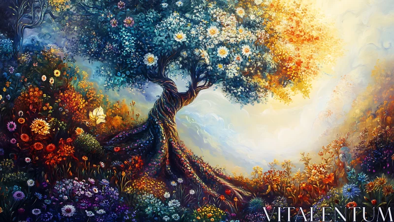 Colorful flowering tree dominates a dense, luminous landscape