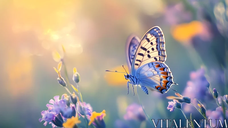 Butterfly in profile on purple wildflowers at sunrise.