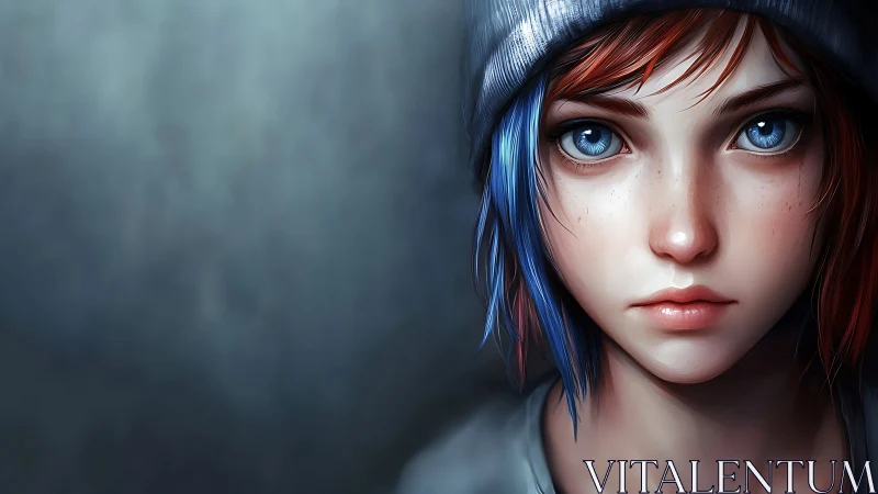 Portrait of blue-eyed youth in beanie with two-tone hair.