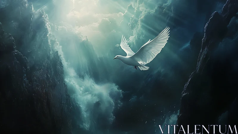 White dove ascends through abyssal chasm under volumetric light