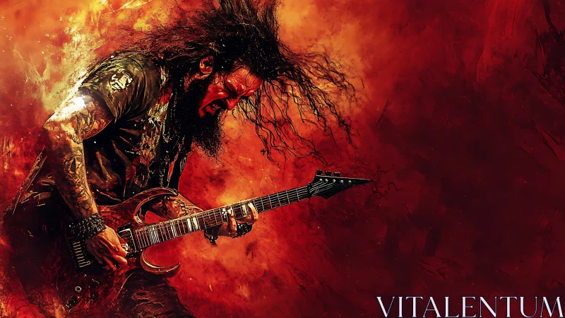 Fiery metal guitarist shredding in explosive red textures.