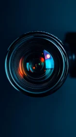Ultra close-up camera lens with neon reflections in focus.