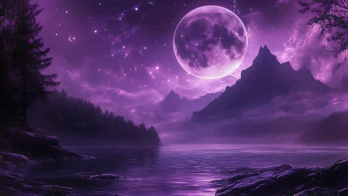 Purple moon dominates misty mountain lake under star field