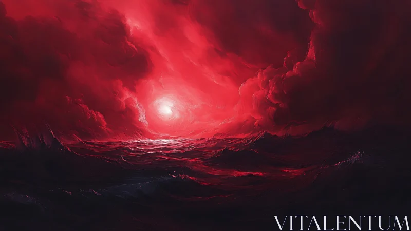 Red-illuminated ocean horizon sits beneath dense storm clouds