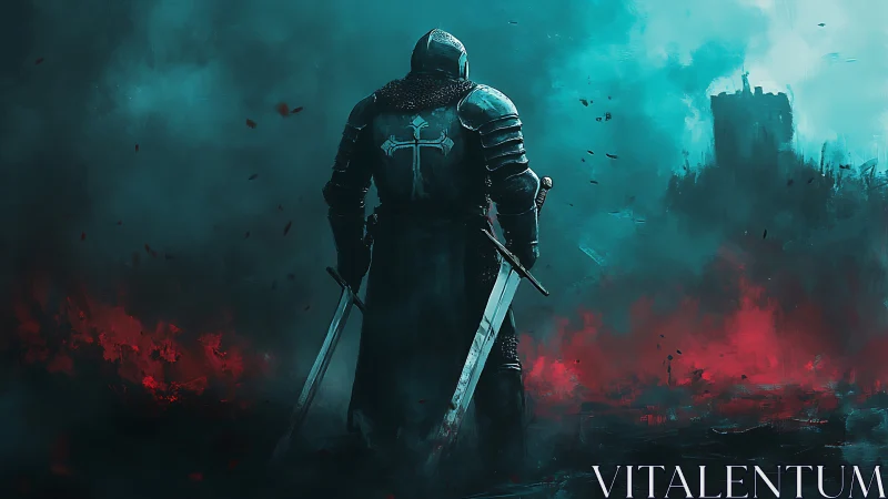 Armored knight with twin swords in foggy battlefield scene.