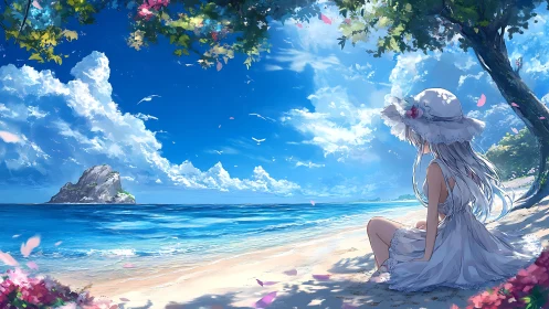 Coastal luminance study with seated figure in white dress.