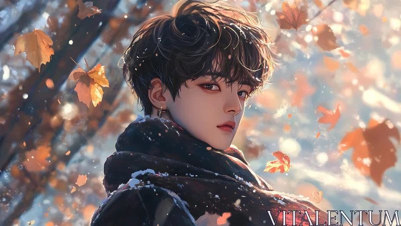 Digital painting portrait in autumnal snowfall atmosphere.