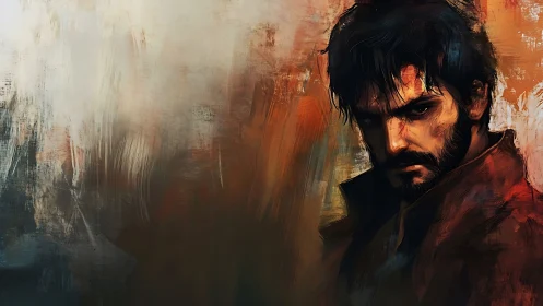 Digital portrait shows male figure against abstract textured field