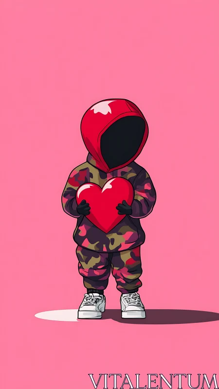 Character holding red heart with camouflage outfit against pink background