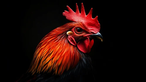 Red Rooster Profile Study with Dramatic Dark Background