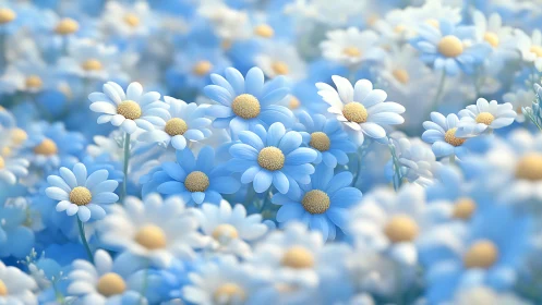 Blue and White Daisy Flowers Field with Yellow Centers