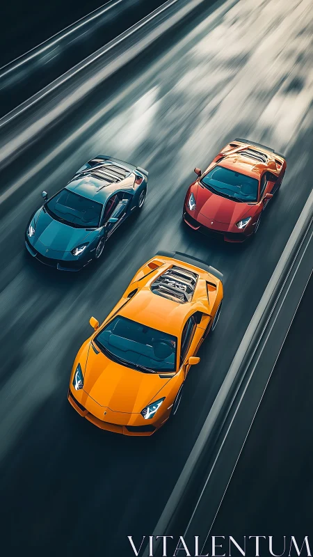 Photorealistic triple supercar sprint with dynamic motion blur.