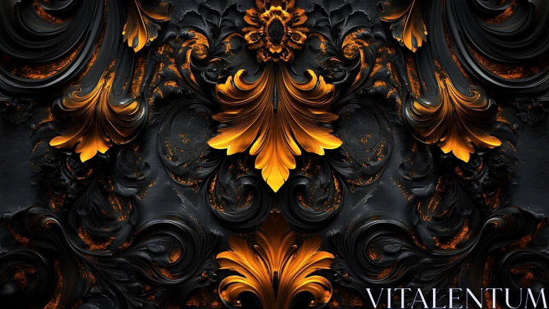 Baroque metallic foliage relief renders molten gold arabesques