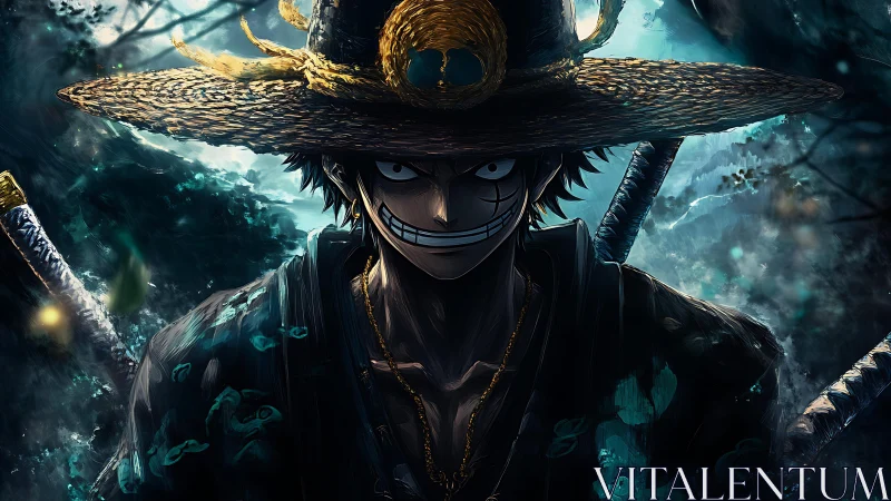 Straw hat swordsman in moonlit forest, high contrast anime portrait