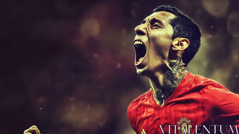 Dynamic close-up of shouting footballer in red kit, stylized lighting