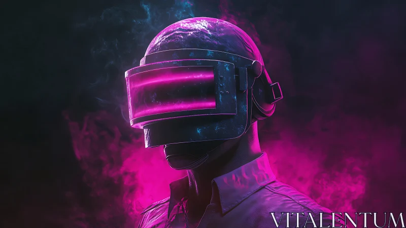 Cybernetic visor helmet portrait in magenta neon haze