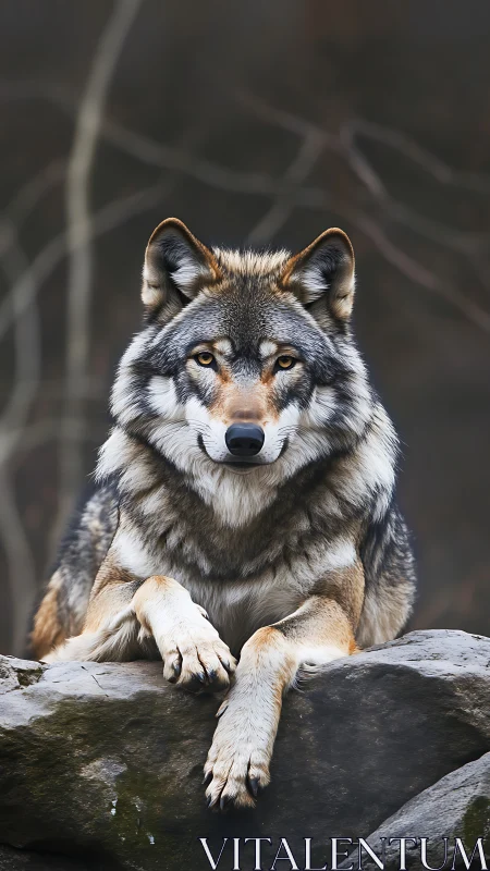 Grey wolf rests alert on rock ledge in muted forest clearing