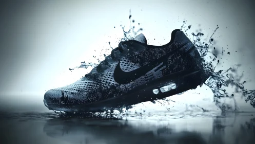 Dynamic black running shoe splashing in water, modern sports style.